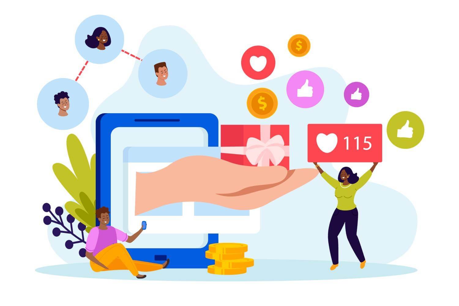 Illustration of affiliate marketers promoting products online through blogs, social media, and websites, with icons of links, commissions, and sales tracking dashboards highlighting the partnership between brands and affiliates.