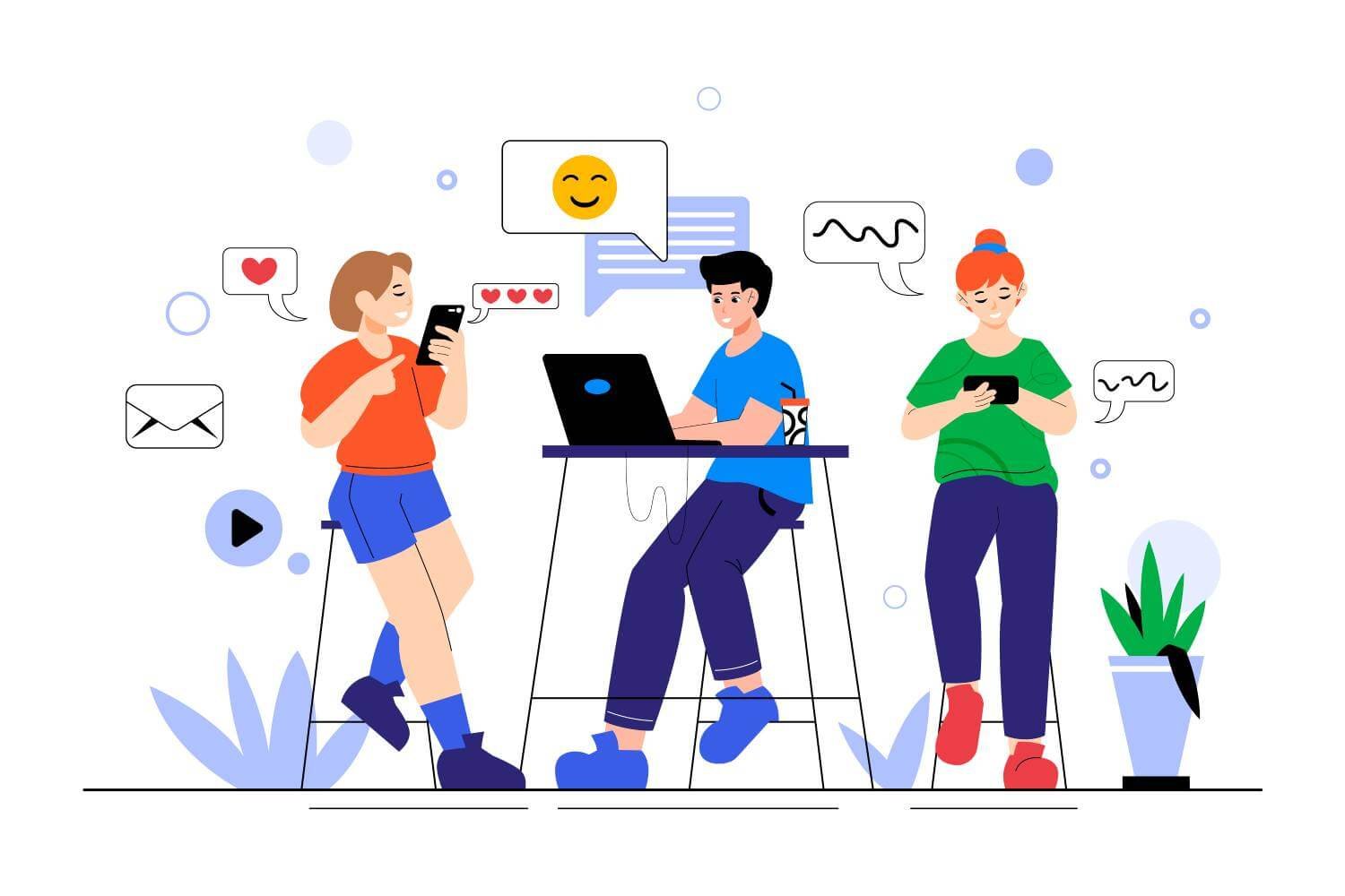 Illustration of a diverse social media marketing team collaborating at a desk with laptops, charts, and digital icons representing social platforms like Facebook, Instagram, and Twitter in the background.