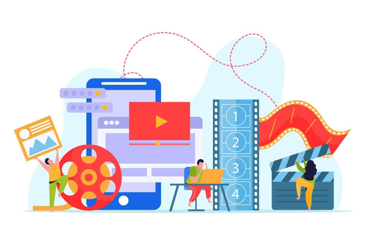 Illustration of marketers creating and sharing promotional videos on platforms like YouTube and social media, with icons of play buttons, analytics charts, and audience engagement symbols such as likes and comments surrounding them.