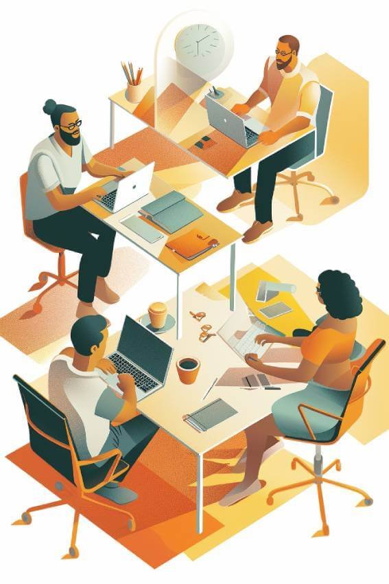 Illustration of a team collaborating, with people working together and sharing ideas to achieve goals.
