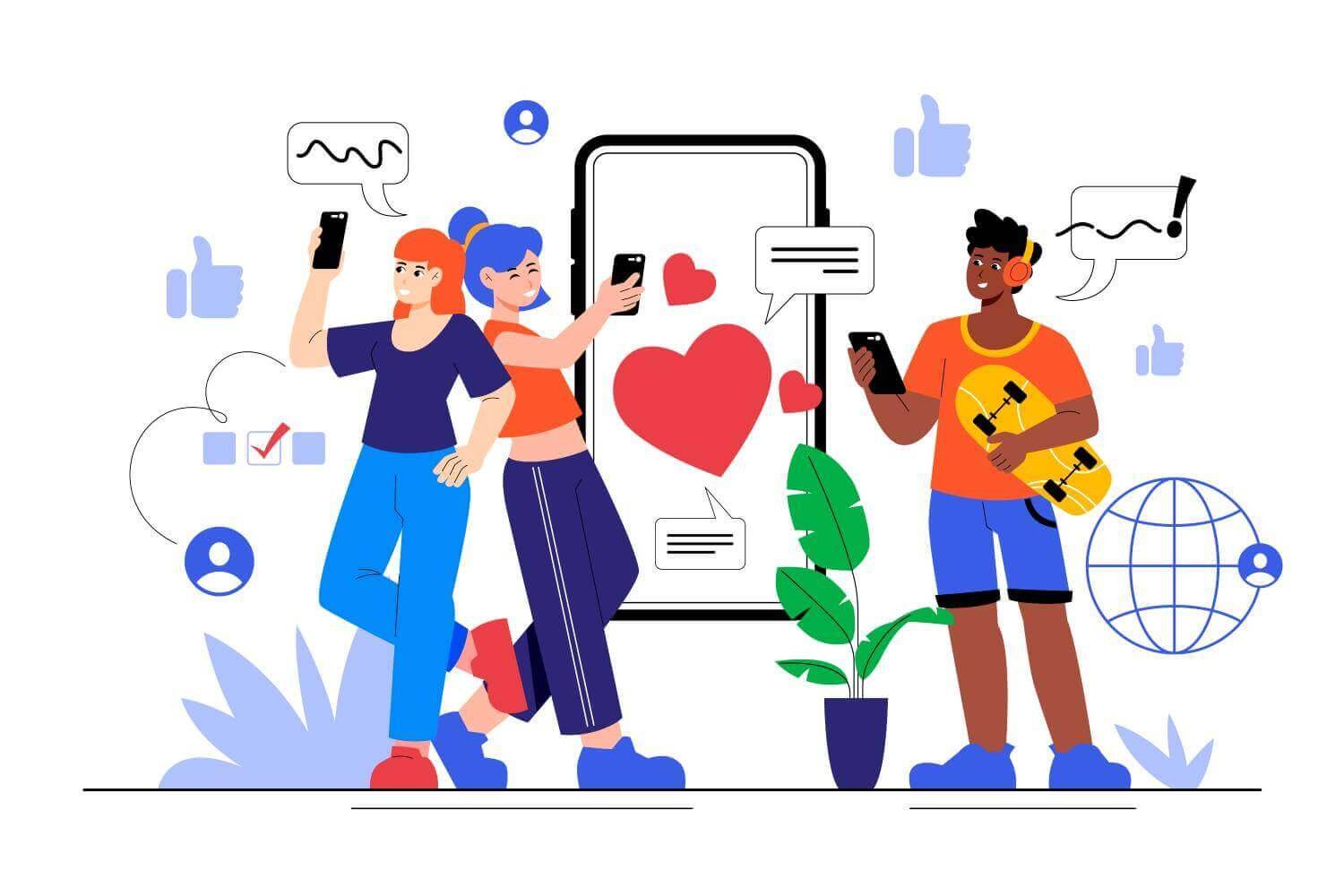 Illustration of a social media influencer promoting products to followers through platforms like Instagram and YouTube, with icons of likes, shares, and brand partnerships highlighting audience engagement and collaboration.